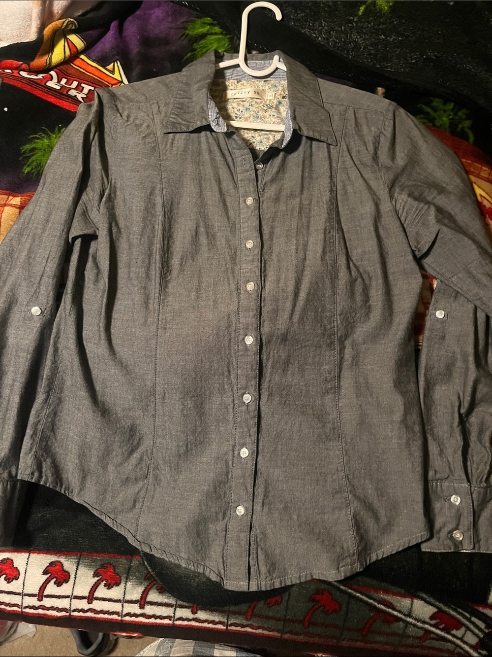 Gray Button-Up Shirt with Floral Collar Lining